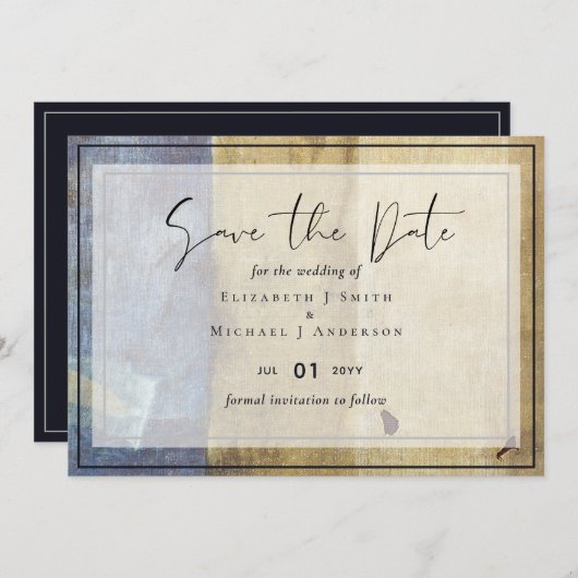 アーバンネイビーブルーモダンバジェット結婚式招待状 (正面/裏面)