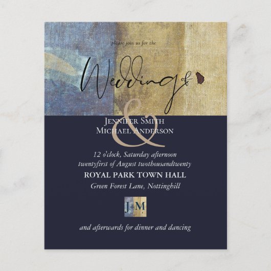 アーバンネイビーブルーモダンバジェット結婚式招待状 (正面)