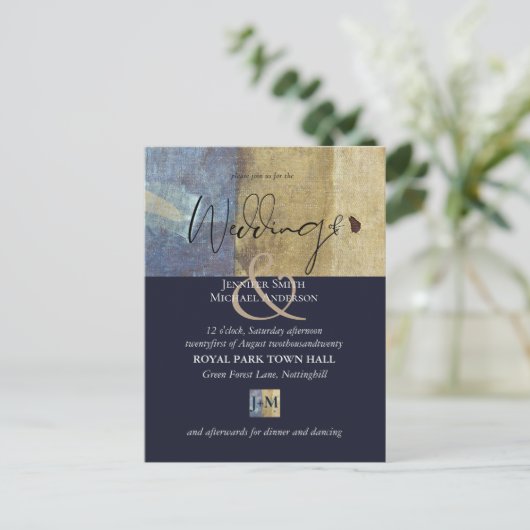 アーバンネイビーブルーモダンバジェット結婚式招待状 ポストカード (スタンド正面)