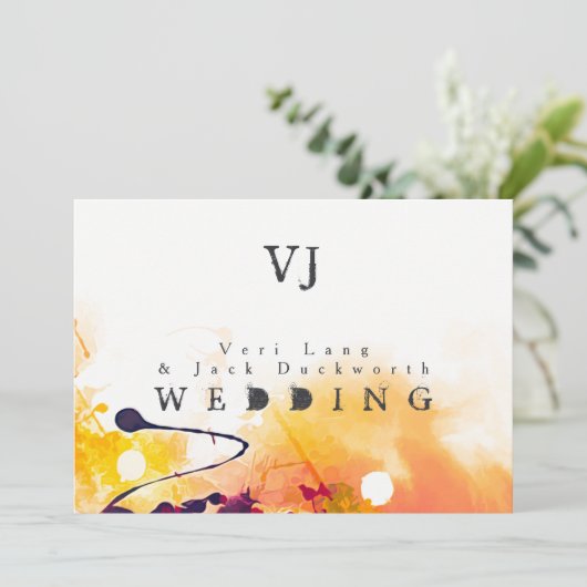 アーバンパープルオレンジ水彩ウェディング招待状 招待状 (スタンド正面)