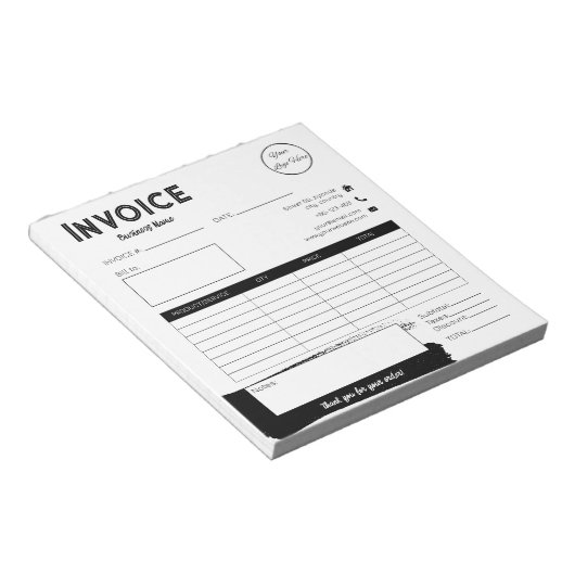アーバンブラックとホワイトロゴのスモールビジネスインボイス ノートパッド (アングル)