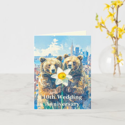 アーバンベアカップル&シティスケープ10th結婚のアニヴ カード (黄色い花)