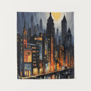 アーバンモダンナイトスケープ – City Skyline at Dusk Art タペストリー