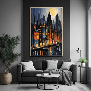 アーバンモダンナイトスケープ – City Skyline at Dusk Art ポスター