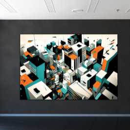 アーバン抽象芸術空中街並みティール（緑がかった色）オレンジブラック キャンバスプリント