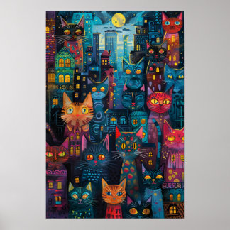 アーバン横丁鮮やか猫:市壁画 ポスター