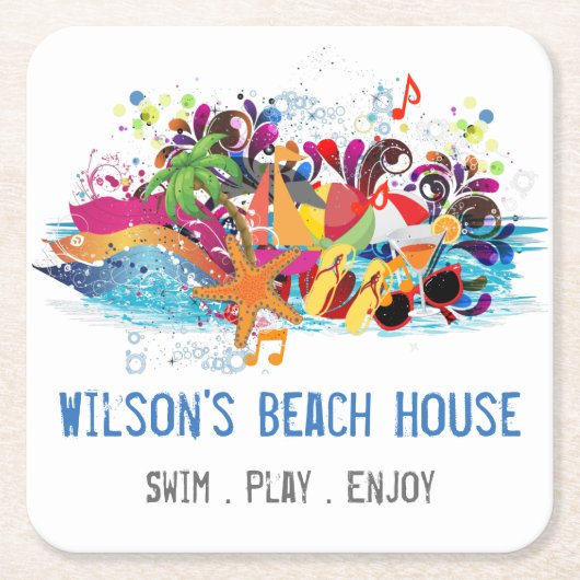 アーパーソナライズされたトポップ・アートのレトロサマービーチコースター スクエアペーパーコースター (正面)