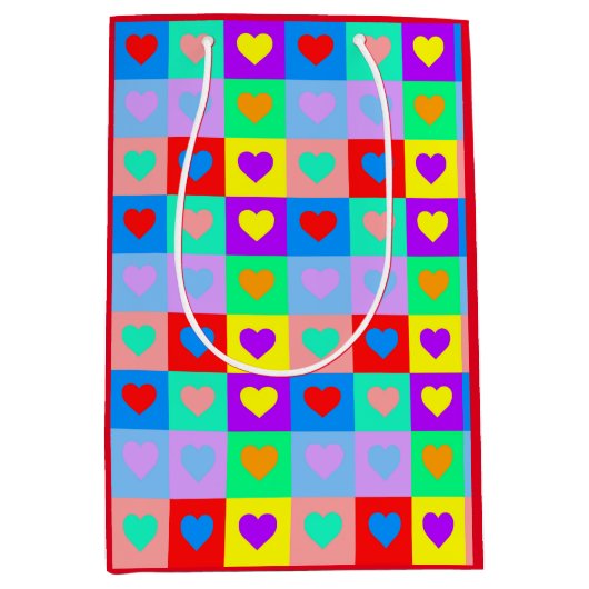 アーポップ・アートのトカラフルハートパターン ミディアムペーパーバッグ (正面)