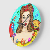 アーポップ・アートのトクロック女子食べハンバーガーカラフル ラージ壁時計 (傾斜)