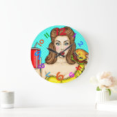 アーポップ・アートのトクロック女子食べハンバーガーカラフル ラージ壁時計 (ホーム)