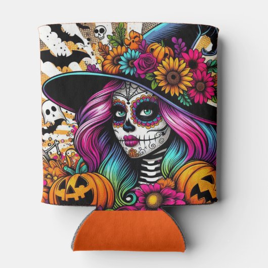 アーポップ・アートのトハロウィーンシュガースカル、幽霊とカボチャ 缶クーラー (裏面)