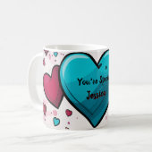 アーポップ・アートのトブルー赤いハートオールオーバープリントソックス コーヒーマグカップ (正面左)