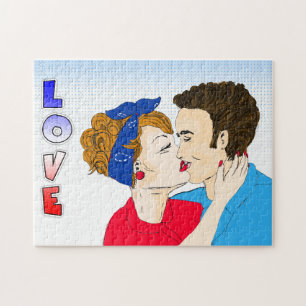 アーポップ・アートのトレトロカップルキスをするロマンチック懐かしい ジグソーパズル
