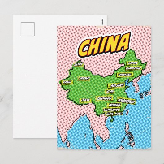 アーポップ・アートのト図解入りの、写真付きの中国地図 シーズンポストカード (正面/裏面)