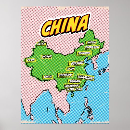アーポップ・アートのト図解入りの、写真付きの中国地図 ポスター (正面)