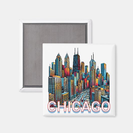アーポップ・アートのト漫画ブックアートシカゴ・イリノイ・スカイライン マグネット (正面/裏面)