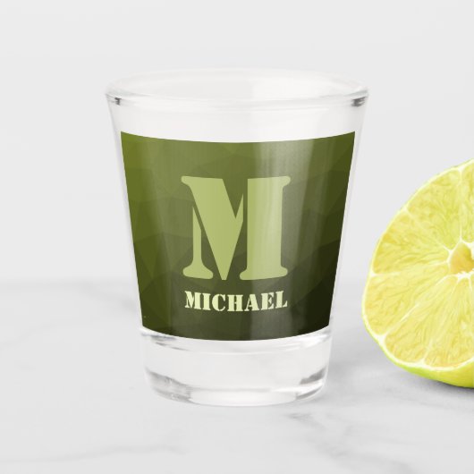 アーミーグリーンオリーブジオメトリックメッシュパターンモノグラム ショットグラス (正面)