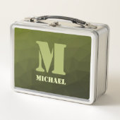アーミーグリーンオリーブジオメトリックメッシュパターンモノグラム メタルランチボックス (正面)