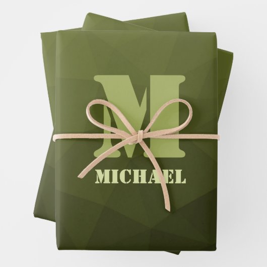 アーミーグリーンオリーブジオメトリックメッシュパターンモノグラム ラッピングペーパーシート (インサイチュ)