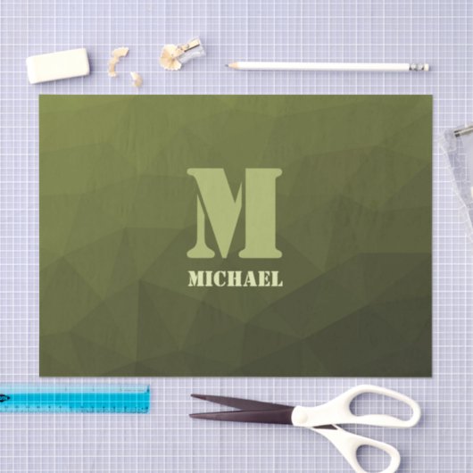 アーミーグリーンオリーブジオメトリックメッシュパターンモノグラム 薄葉紙 (クラフト)