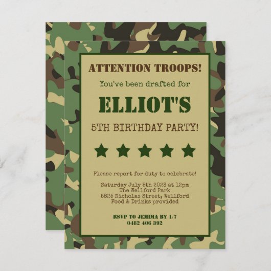 アーミーソルジャー軍隊誕生日招待状招待状 招待状 (正面/裏面)