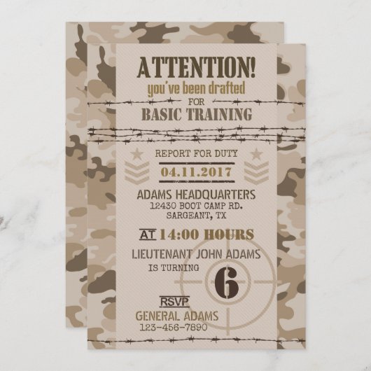 アーミーデザートカモフラージュ軍隊誕生日 招待状 (正面/裏面)