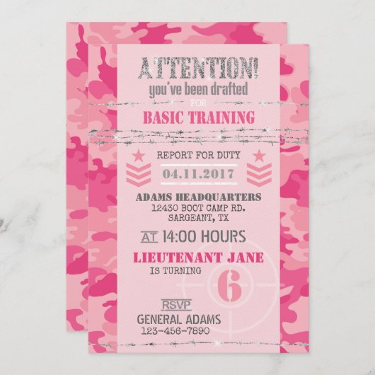 アーミーピンクGIジェーンカモフラージュ軍隊誕生日 招待状 (正面/裏面)