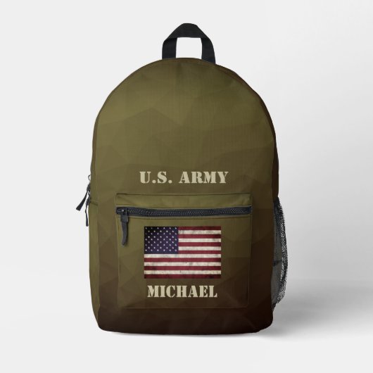 アーミーブラウンジオメトリックメッシュUSAフラグ名前をカスタムする プリントバックパック (正面)