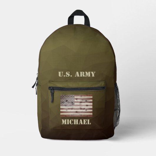 アーミーブラウンジオメトリックメッシュUSAフラグ名前をカスタムする プリントバックパック (正面)