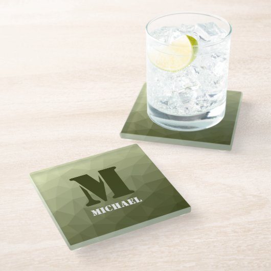 アーミーライトグリーン幾何学メッシュパターンモノグラム ガラスコースター (アングル)