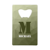 アーミーライトグリーン幾何学メッシュパターンモノグラム クレジットカード栓抜き (正面)