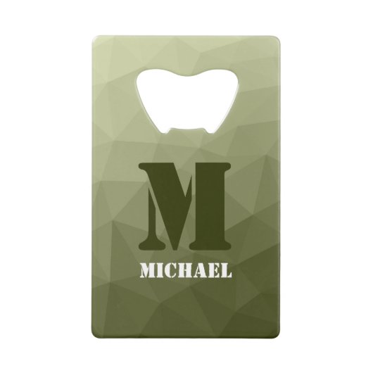 アーミーライトグリーン幾何学メッシュパターンモノグラム クレジットカード栓抜き (正面)