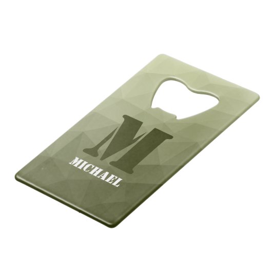 アーミーライトグリーン幾何学メッシュパターンモノグラム クレジットカード栓抜き (裏面アングル)