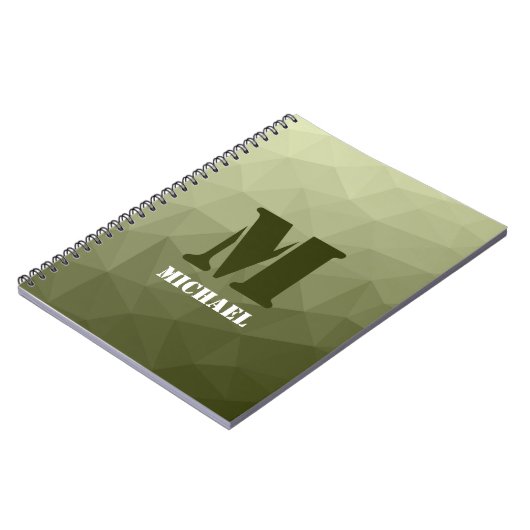 アーミーライトグリーン幾何学メッシュパターンモノグラム ノートブック (左側)