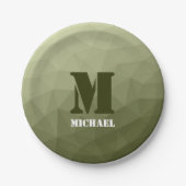アーミーライトグリーン幾何学メッシュパターンモノグラム ペーパープレート (正面)