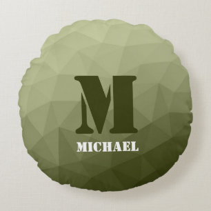 アーミーライトグリーン幾何学メッシュパターンモノグラム ラウンドクッション