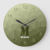 アーミーライトグリーン幾何学メッシュパターンモノグラム ラージ壁時計 (正面)