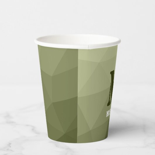アーミーライトグリーン幾何学メッシュパターンモノグラム 紙コップ (右)