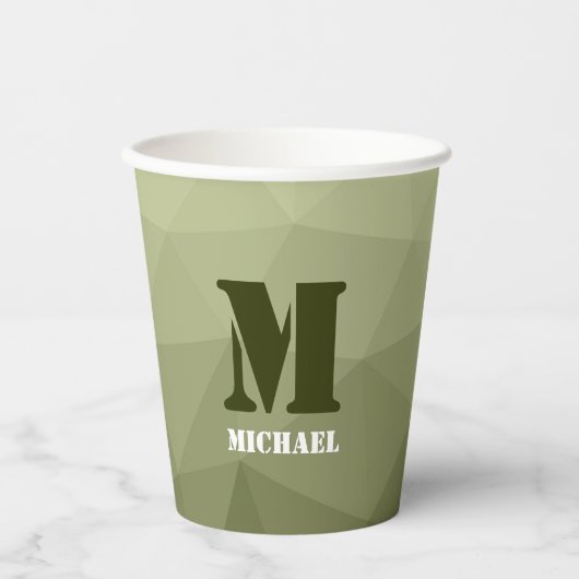 アーミーライトグリーン幾何学メッシュパターンモノグラム 紙コップ (正面)