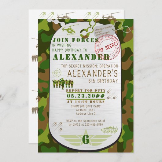 アーミーラベルグリーン迷彩柄カモフラージュ軍隊ブートキャンプ 招待状 (正面/裏面)