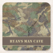 アーミー迷彩柄ウッドテクスチャカモフラージグリーンマンケーブ スクエアペーパーコースター (正面)