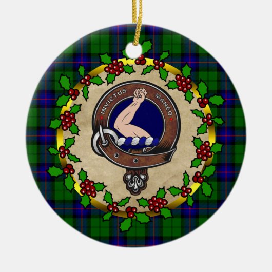 アームストロングクランバッジとタータンチェックパーソナライズされたクリスマス セラミックオーナメント (正面)