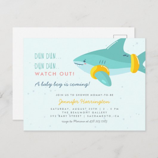 アームバンド付きかわいいサメ夏の赤ちゃんシャワー インビテーションポストカード (正面/裏面)