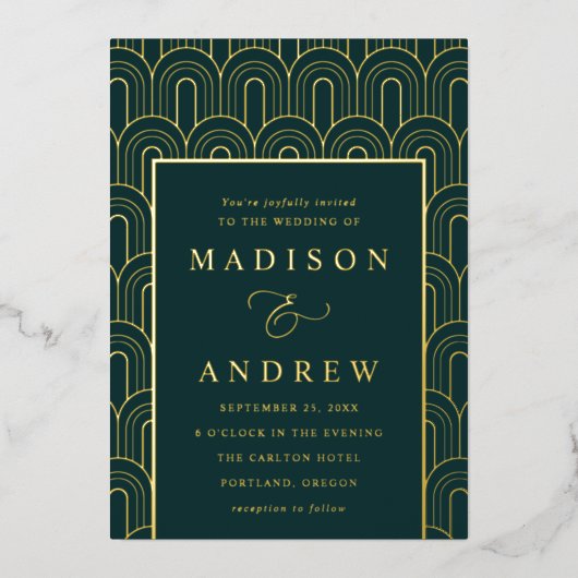 アーモダンチデコエメラルドと金ゴールド結婚ズ 箔招待状 (正面)
