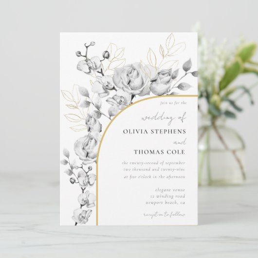 アーモダンチ白黒金ゴールドフローラ結婚リース 招待状 (スタンド正面)