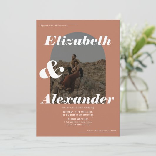 アーモダンチ秋テラコッタ写真レトロ結婚ズ 招待状 (スタンド正面)