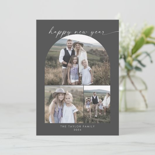 アーモダンチ |灰色の新年の写真コラージュ家族 シーズンカード (スタンド正面)