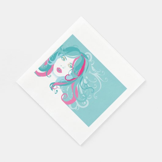 アーモダント女子ティール(緑がかった色)とピンクの渦巻き髪 スタンダードランチョンナプキン (角)