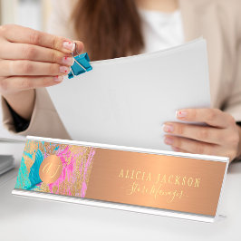 アーモダント抽象芸術パターンティール(緑がかった色)金ゴールド モノグラムの デスクネームプレート