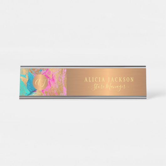 アーモダント抽象芸術パターンティール(緑がかった色)金ゴールド モノグラムの デスクネームプレート (正面)